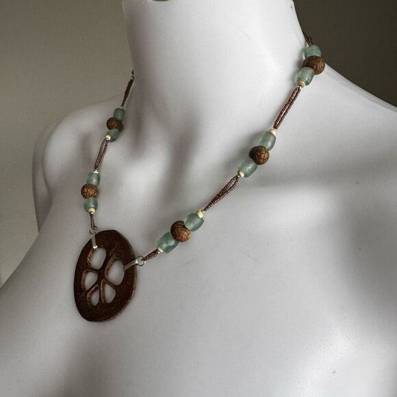 Handmade Silver Glass & Wood Beaded  Necklace - Picture 7 of 9